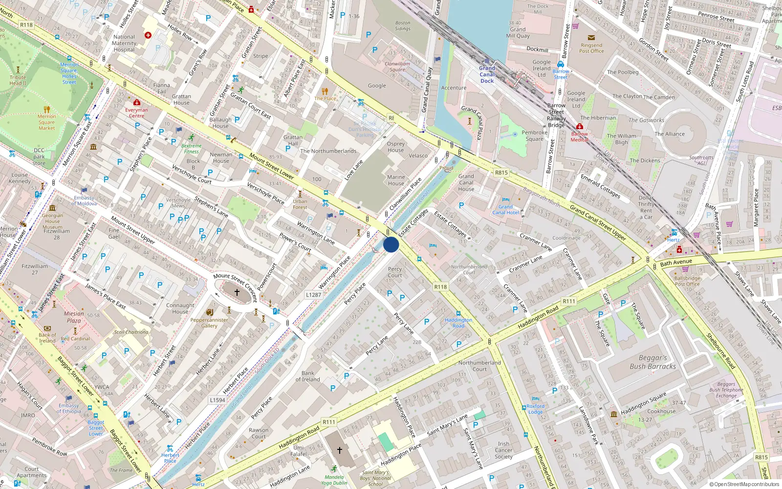 Overhead map showing the location of 1 Northumberlands, Mount St, Dublin 4