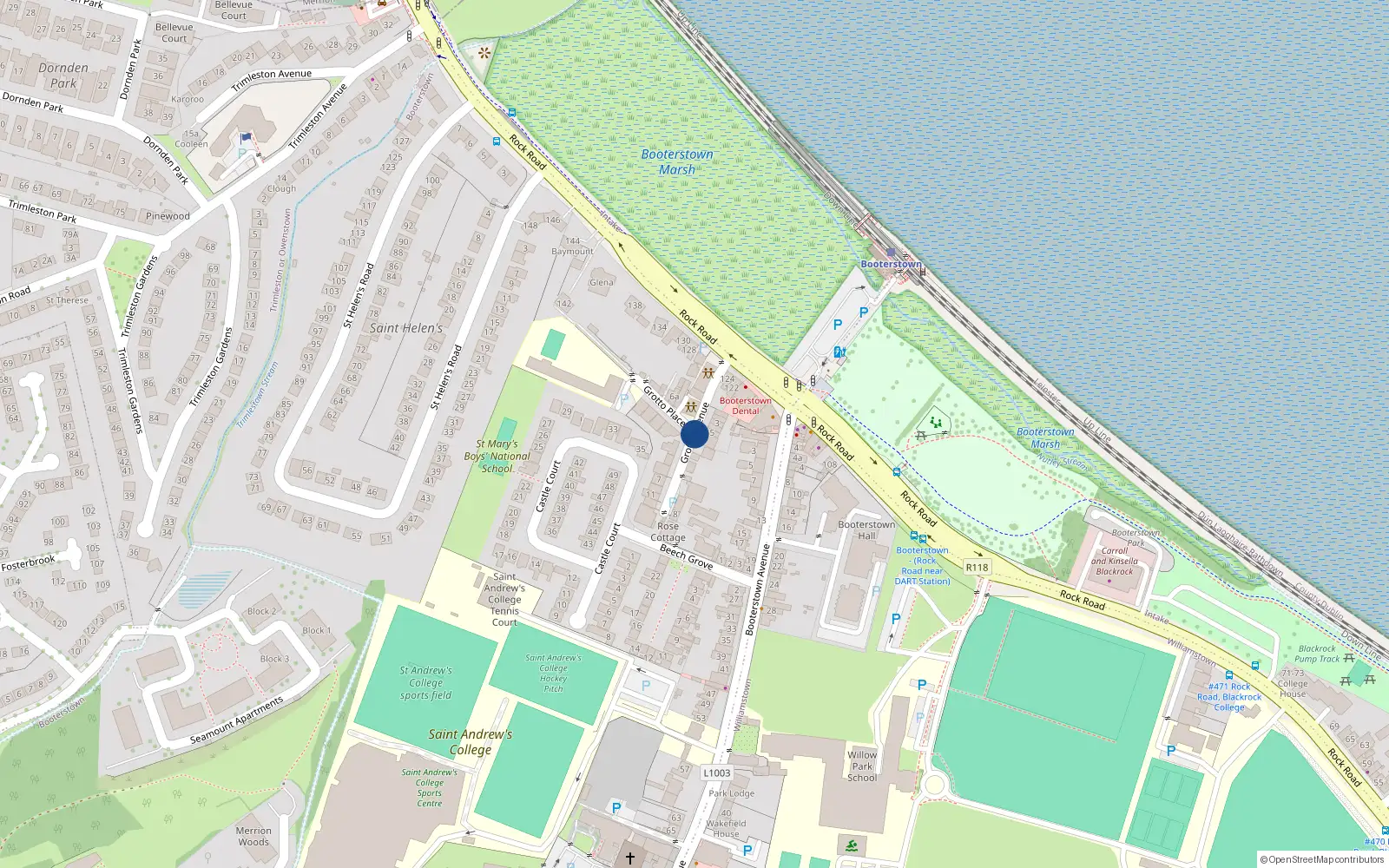 Overhead map showing the location of 1 Oak Lodge, Grotto Avenue, Blackrock