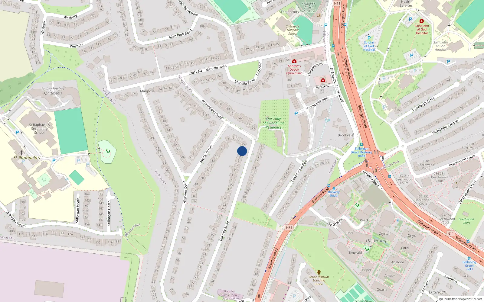 Overhead map showing the location of 1 Oaktree Road, Blackrock