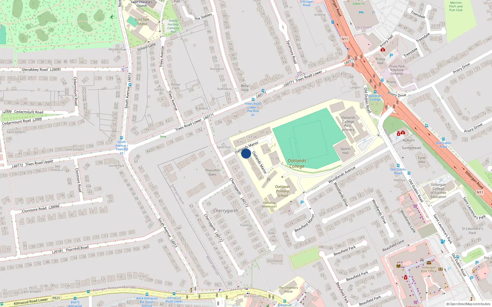Overhead map showing the location of 1 Oatlands Manor, Blackrock