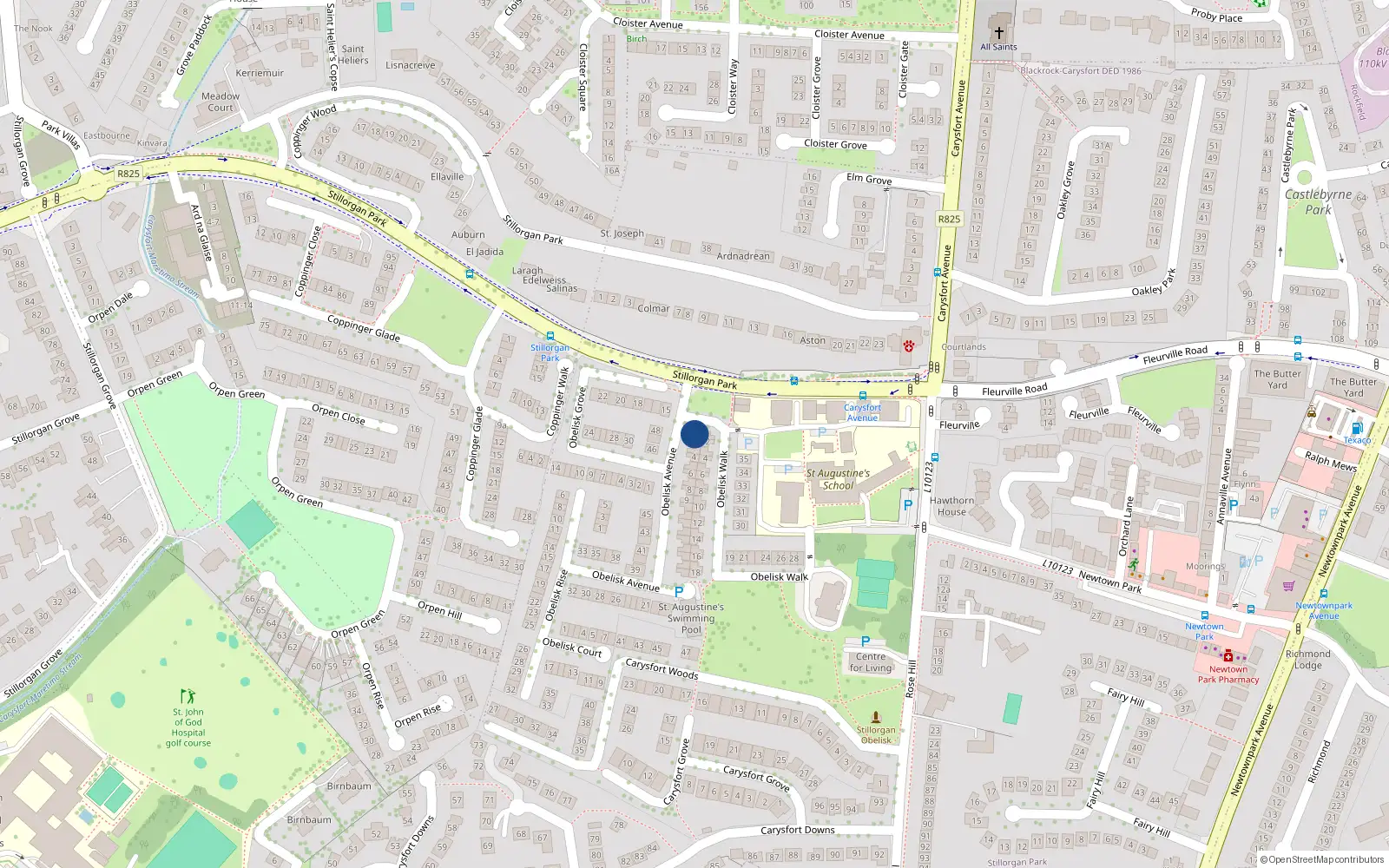 Overhead map showing the location of 1 Obelisk Avenue, Blackrock, Dublin