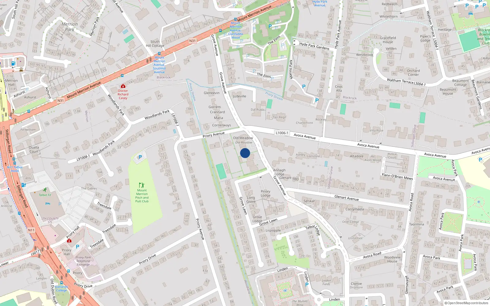Overhead map showing the location of 1 Old Meadow, Blackrock