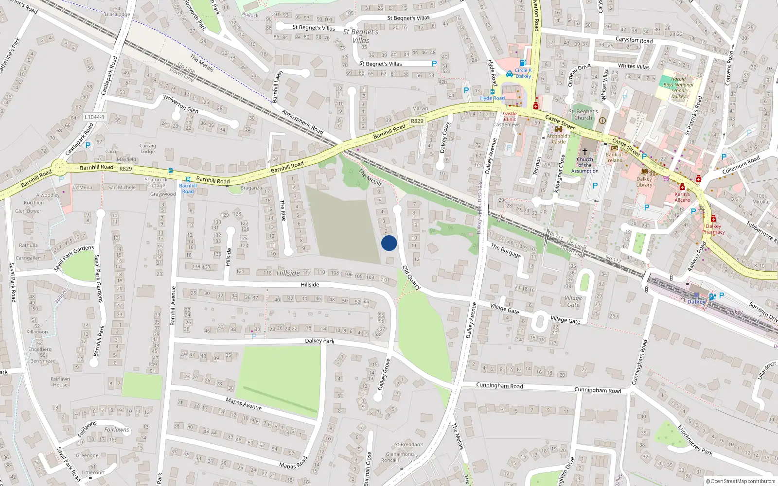 Overhead map showing the location of 1 Old Quarry, Dalkey Avenue, Dalkey