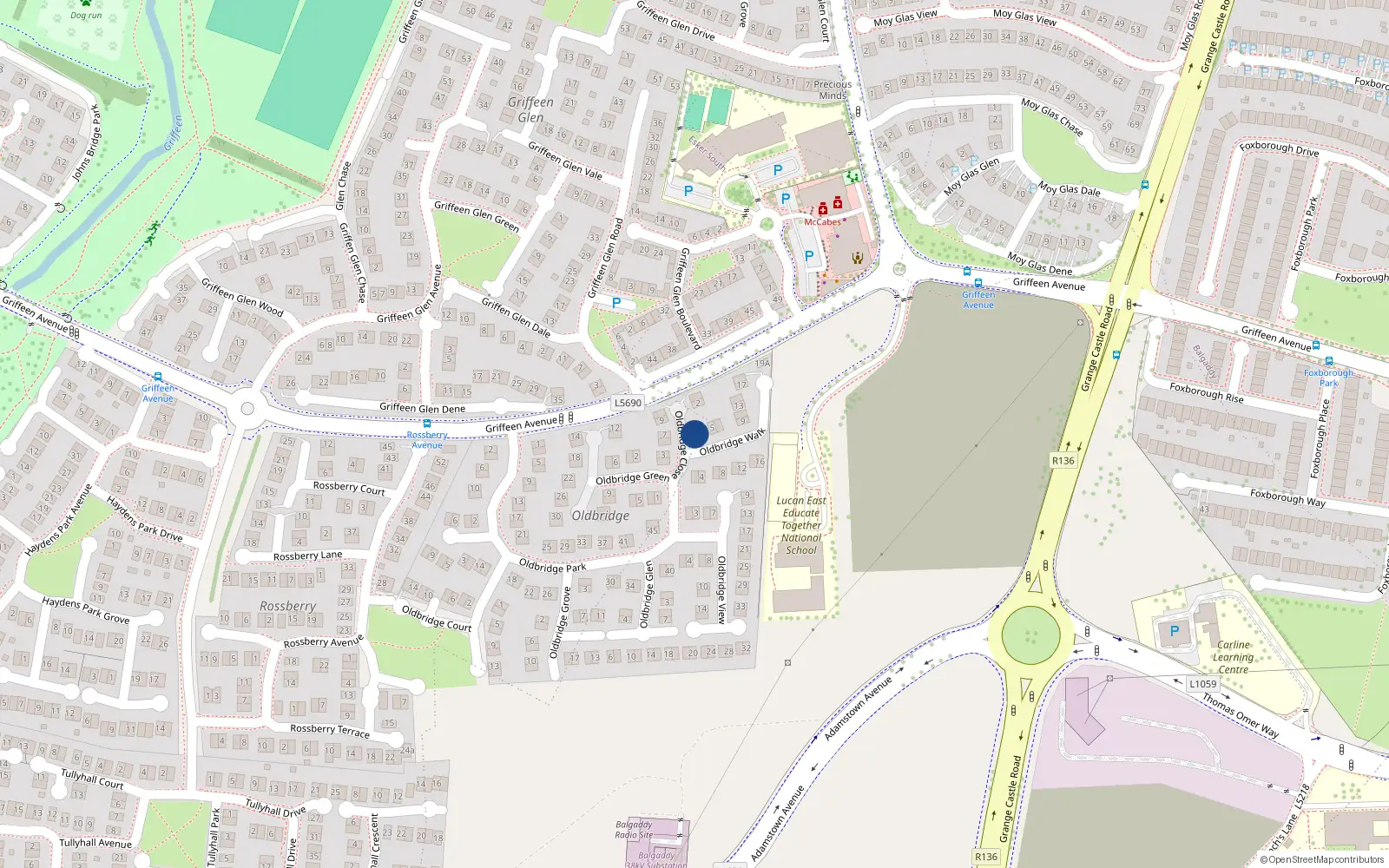 Overhead map showing the location of 1 Oldbridge Walk, Lucan, Dublin