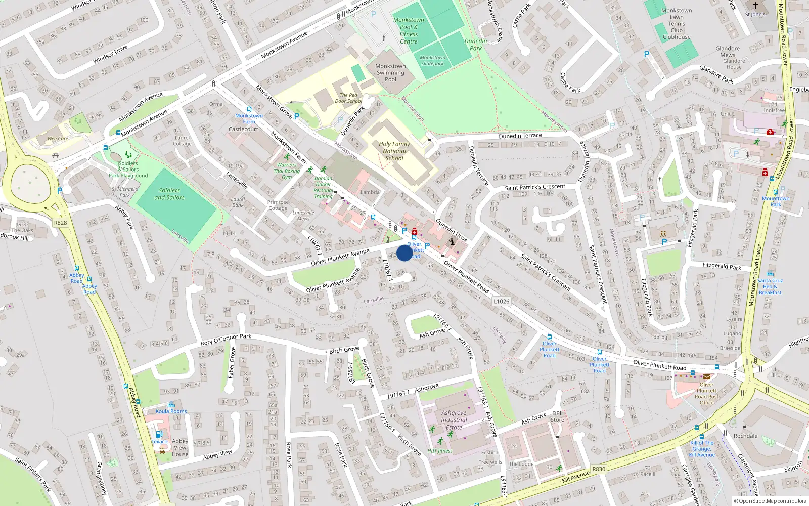 Overhead map showing the location of 1 Oliver Plunkett Avenue, Monkstown Farm, Dun Laoghaire