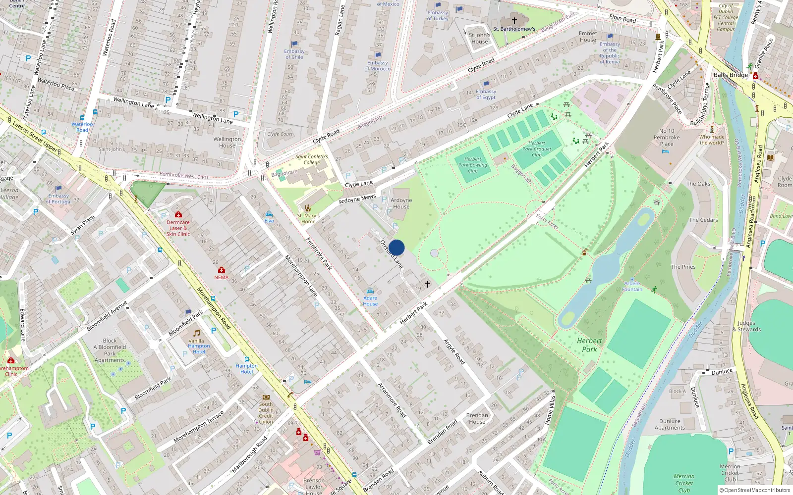 Overhead map showing the location of 1 Orchard Lane, Ballsbridge Dublin 4