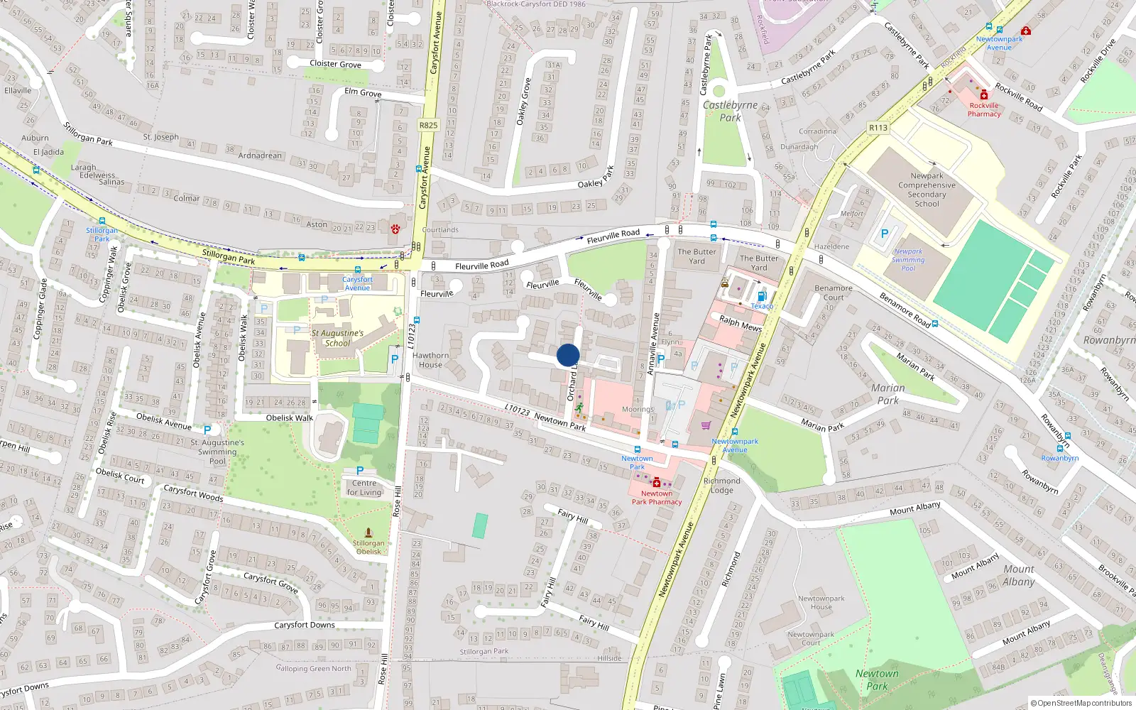 Overhead map showing the location of 1 Orchard Lane, Newtown Park, Blackrock