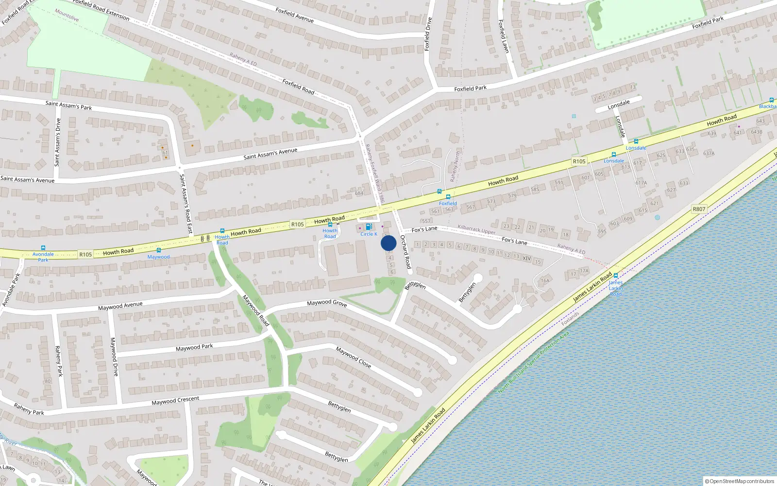 Overhead map showing the location of 1 Orchard Road, Dublin 5