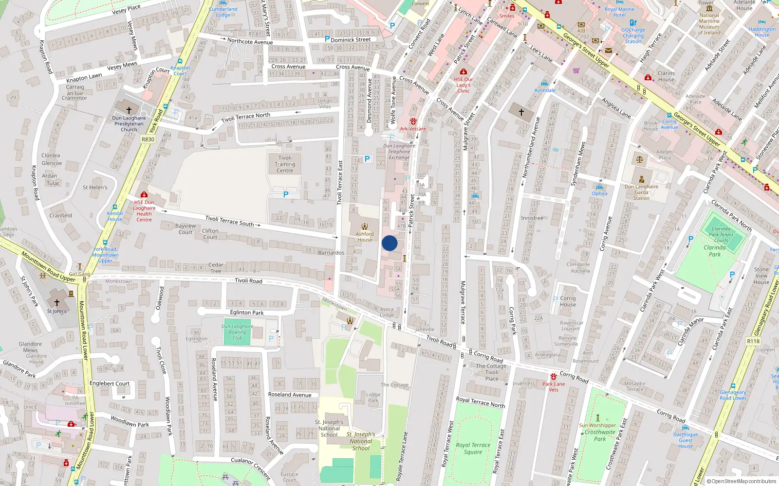 Overhead map showing the location of 1 Oriel Court, 50- 51 Patrick Street, Dun Laoghaire