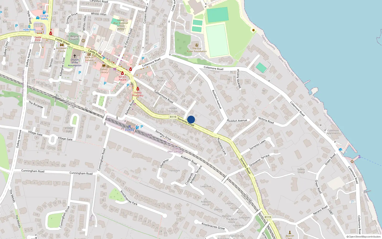 Overhead map showing the location of 1 Ormond Terrace, Sorrento Road, Dalkey