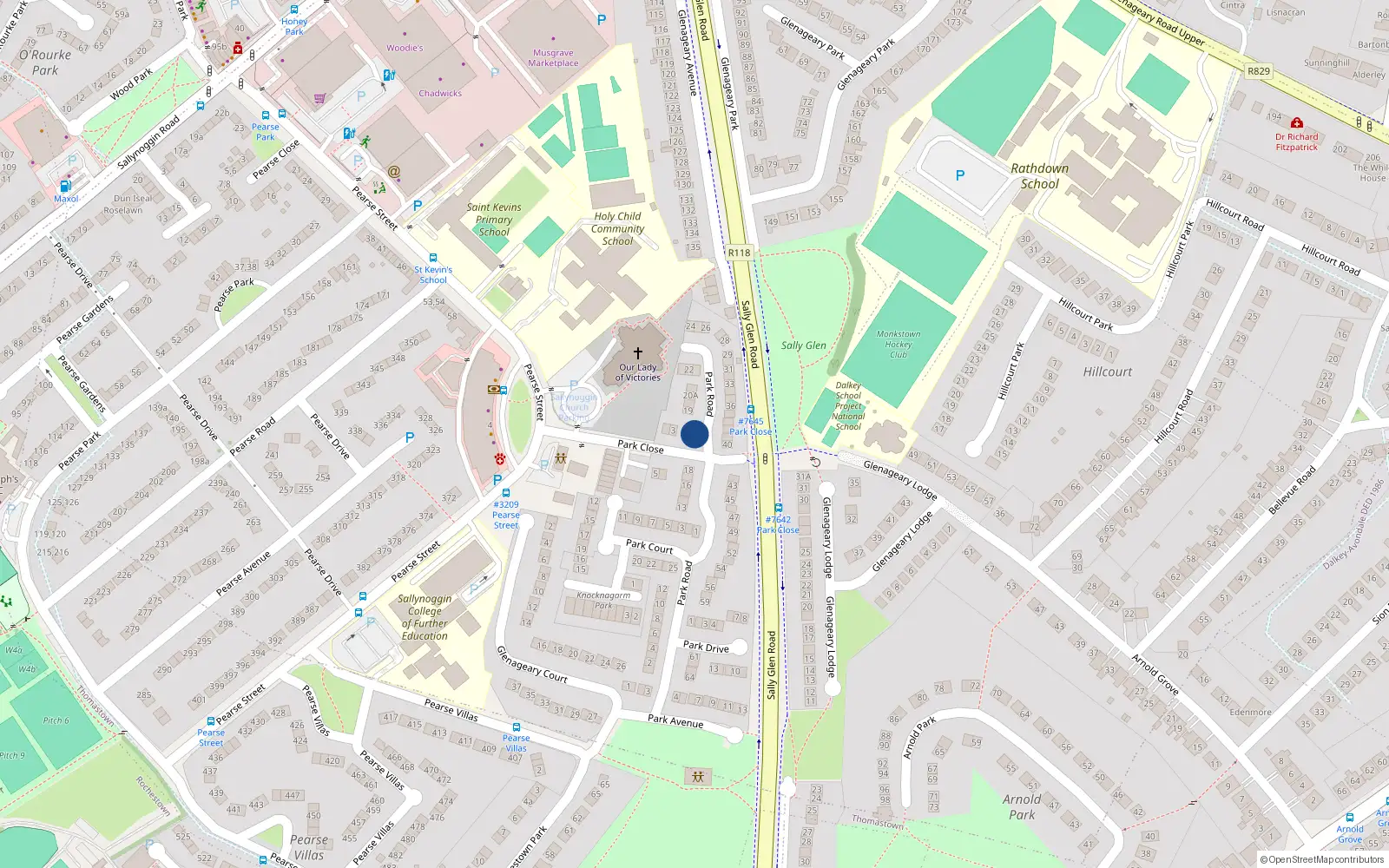 Overhead map showing the location of 1 Park Close, Glenageary