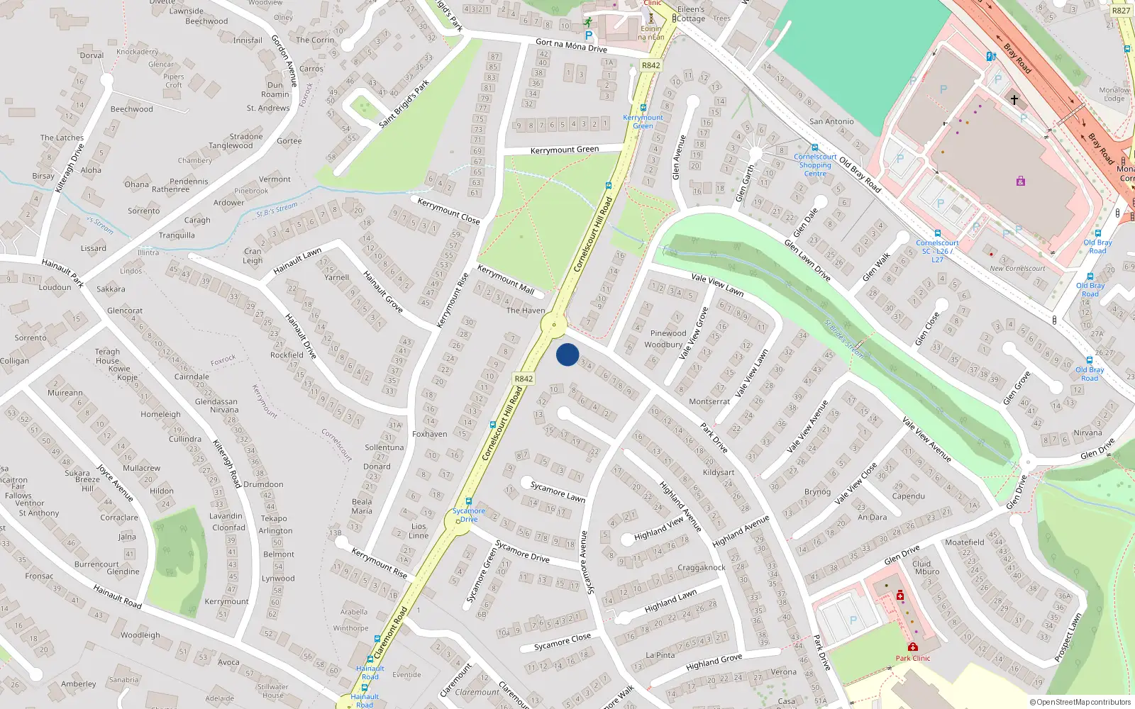 Overhead map showing the location of 1 Park Drive, Cabinteely
