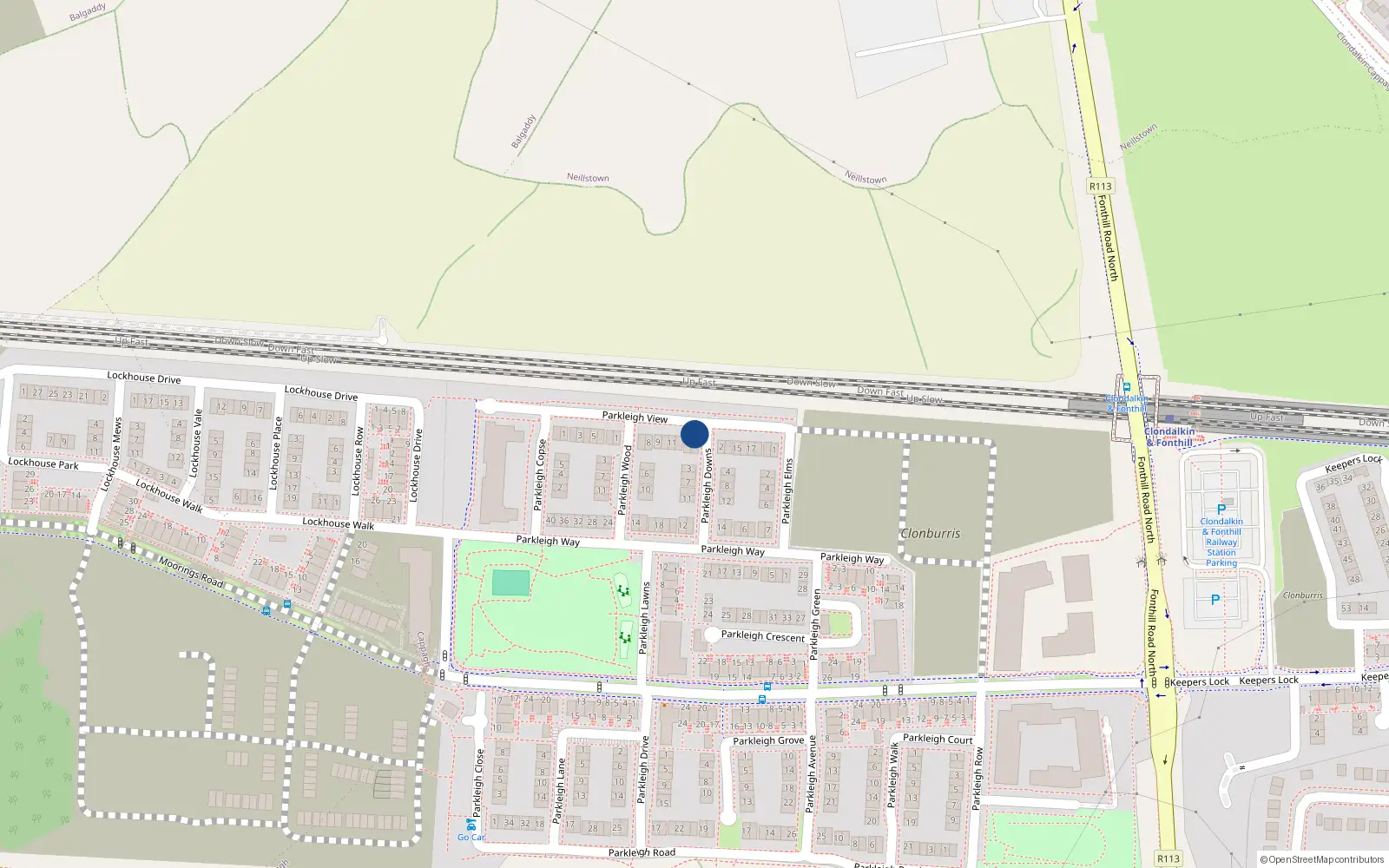 Overhead map showing the location of 1 Parkleigh Downs, Dublin 22