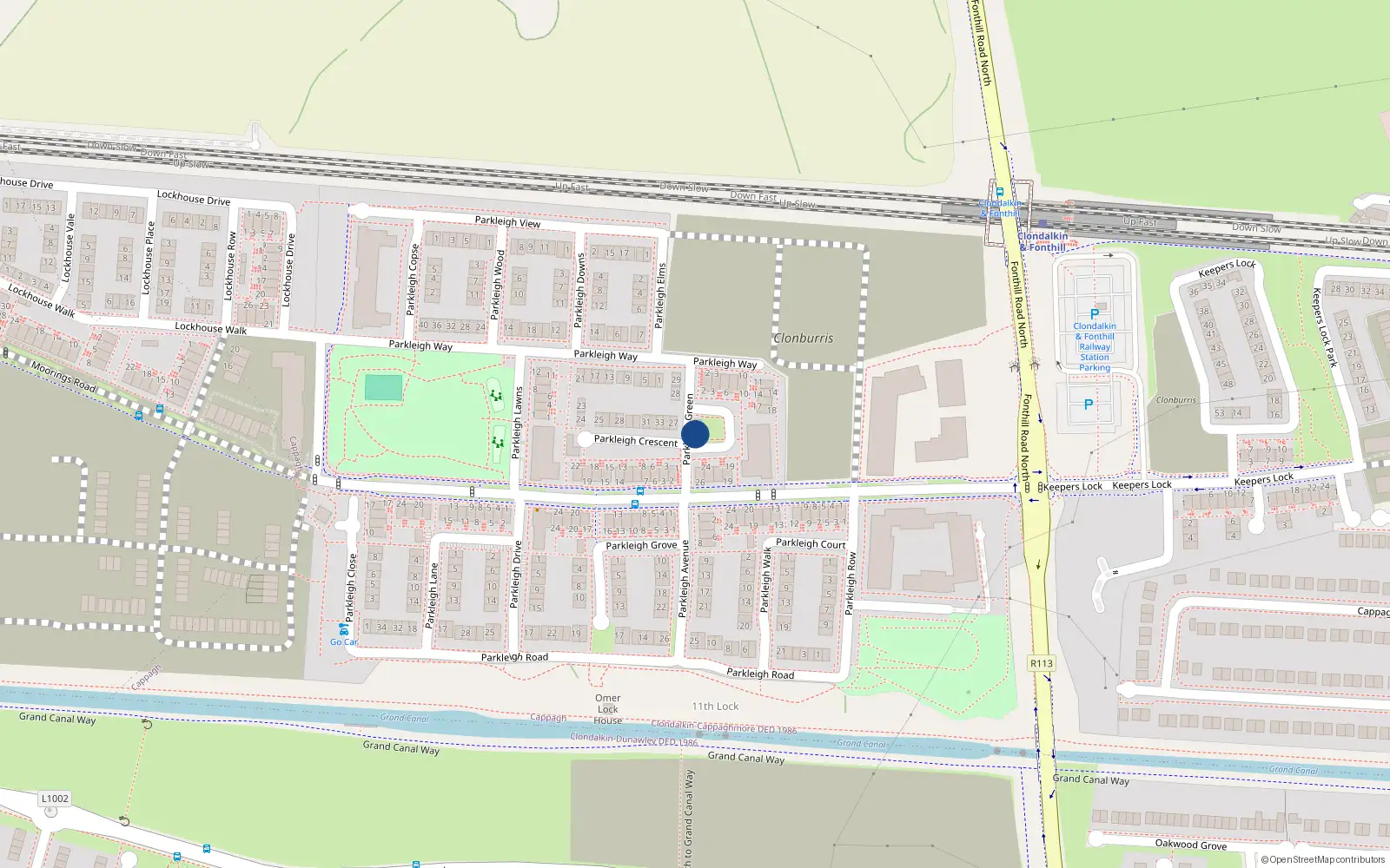 Overhead map showing the location of 1 Parkleigh Green, Dublin 22