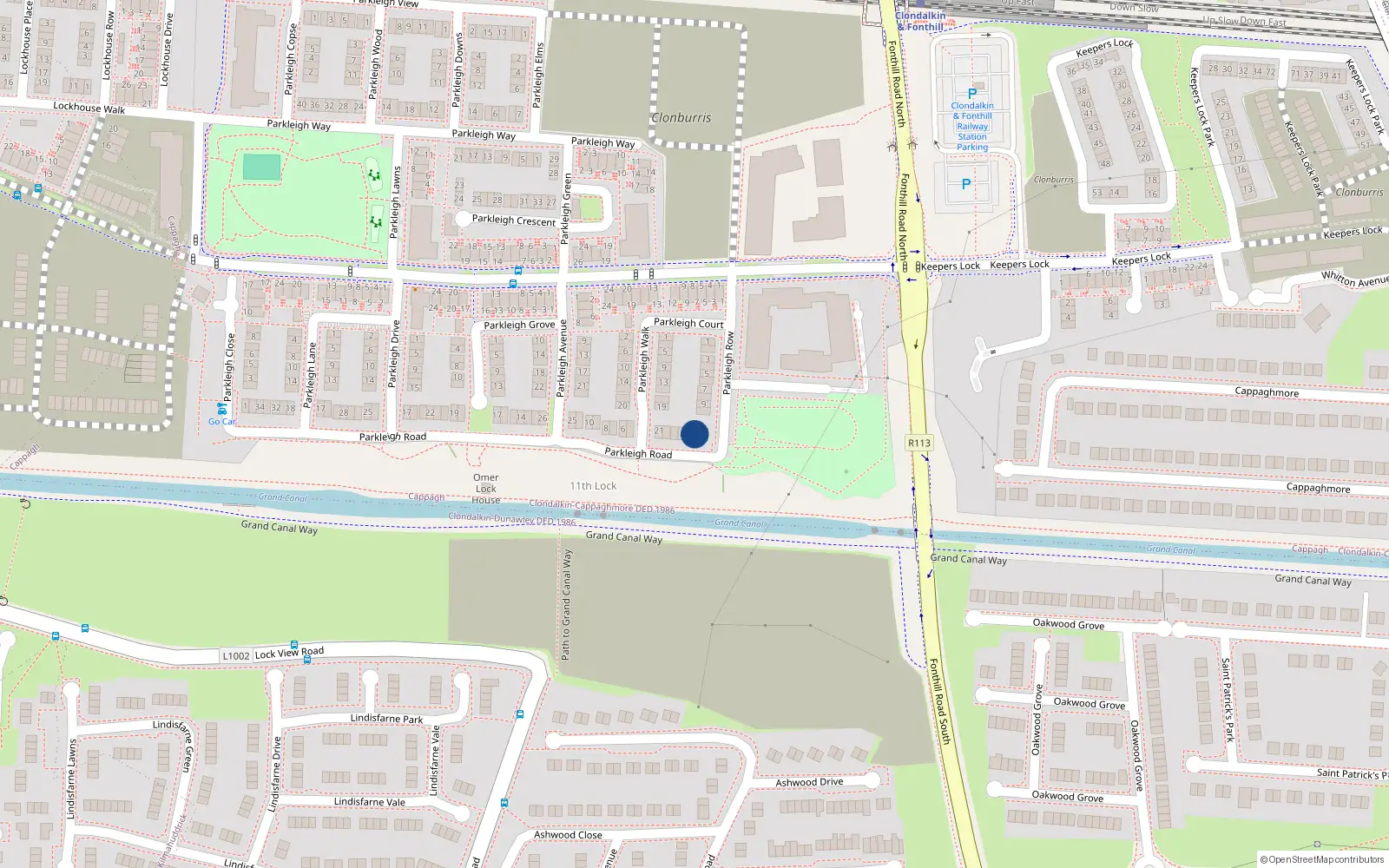 Overhead map showing the location of 1 Parkleigh Road, Dublin 22