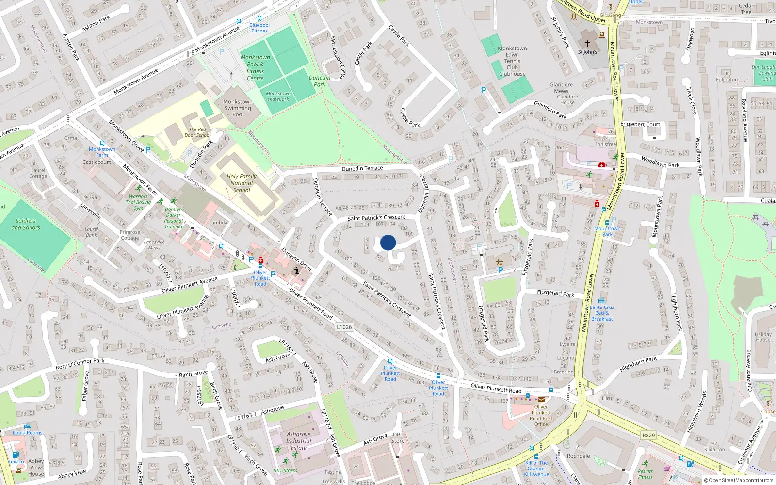 Overhead map showing the location of 1 Patrick Close, Dun Laoghaire, Dublin
