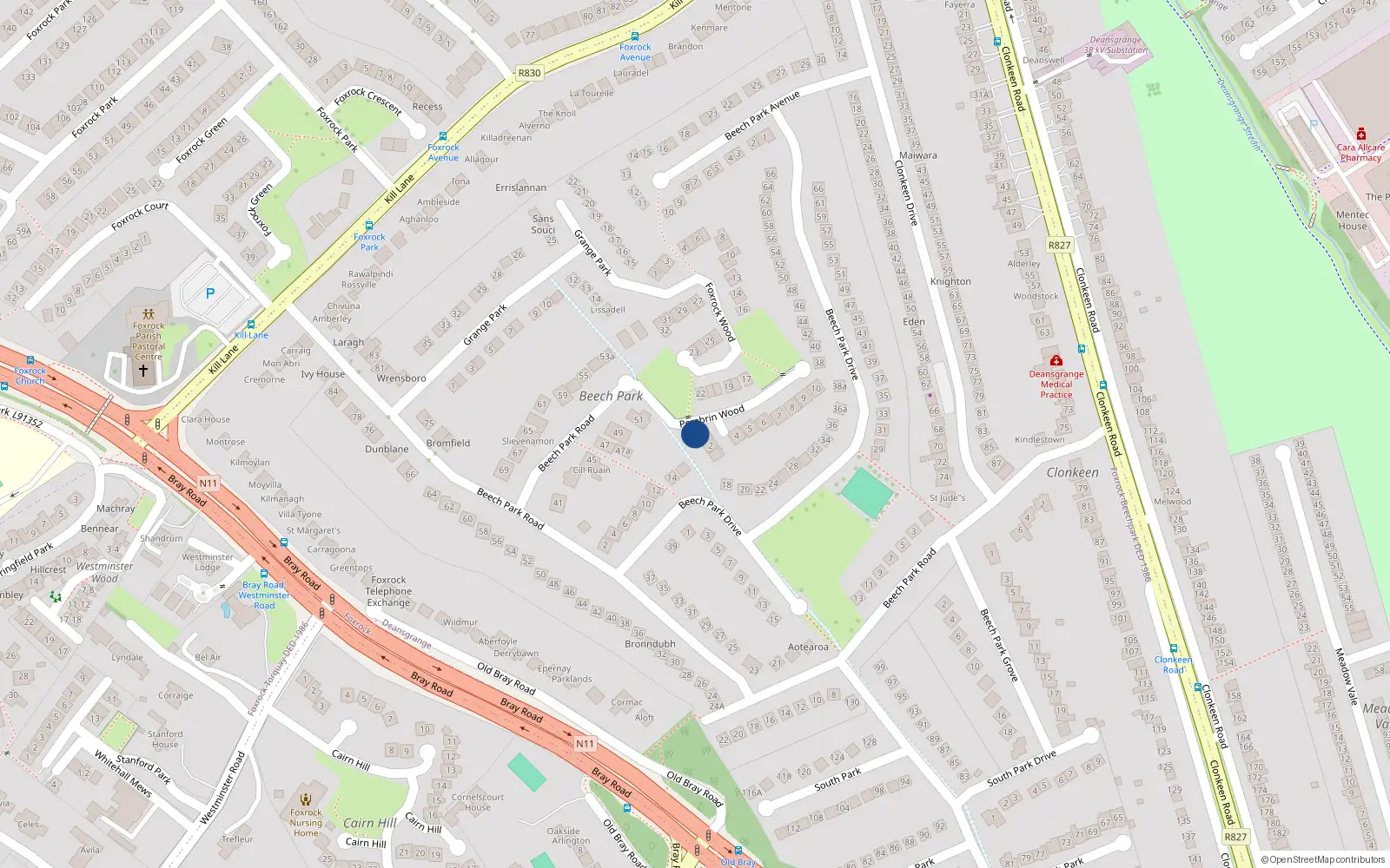 Overhead map showing the location of 1 Pembrin Wood, Foxrock
