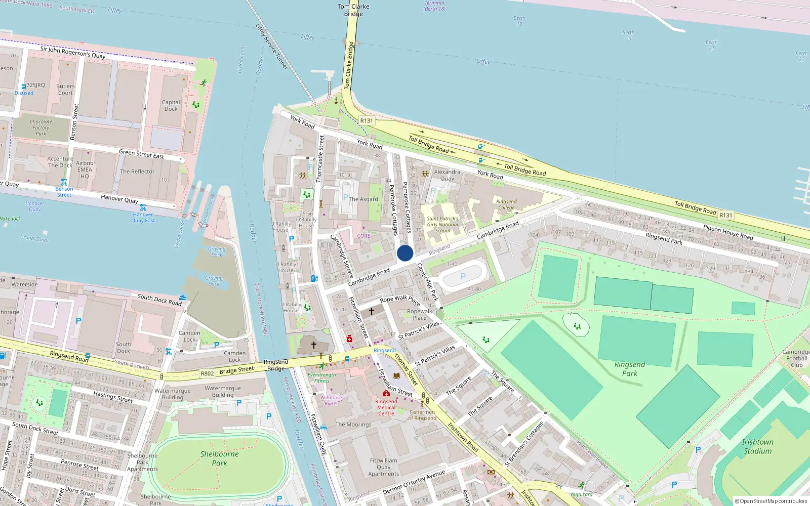 Overhead map showing the location of 1 Pembroke Cottages, Ringsend