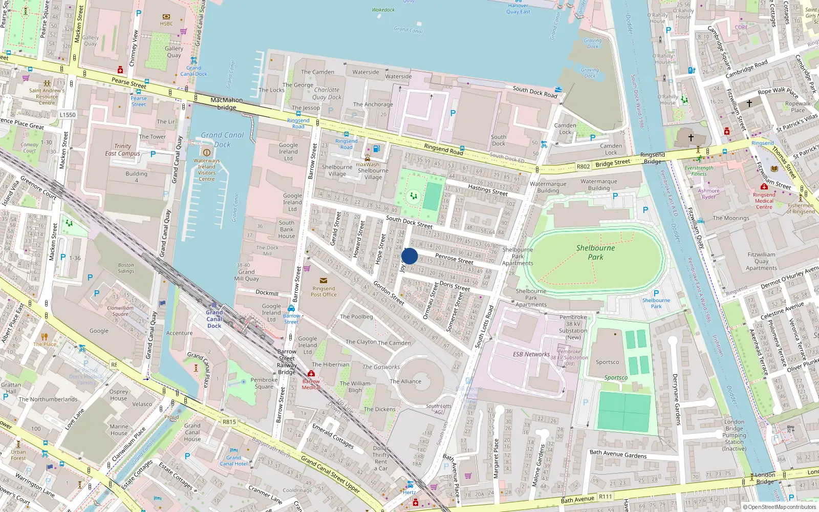 Overhead map showing the location of 1 Penrose Street, Dublin 4