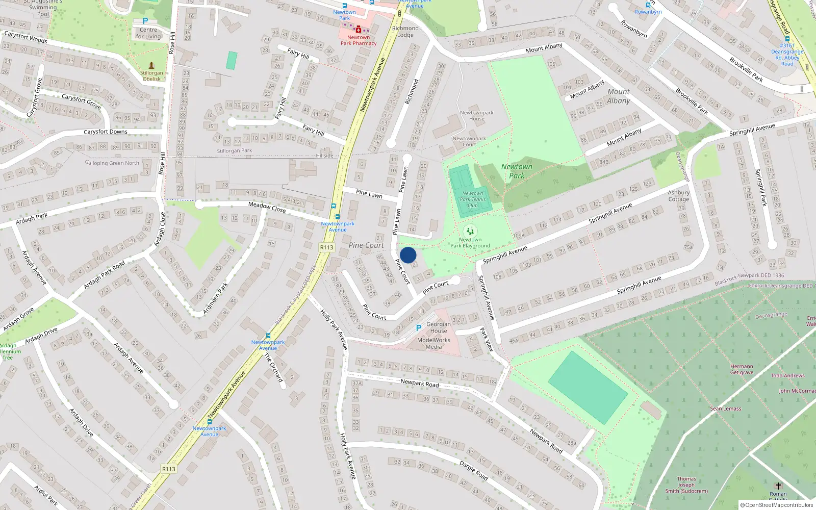 Overhead map showing the location of 1 Pine Court, Blackrock, Co. Dublin