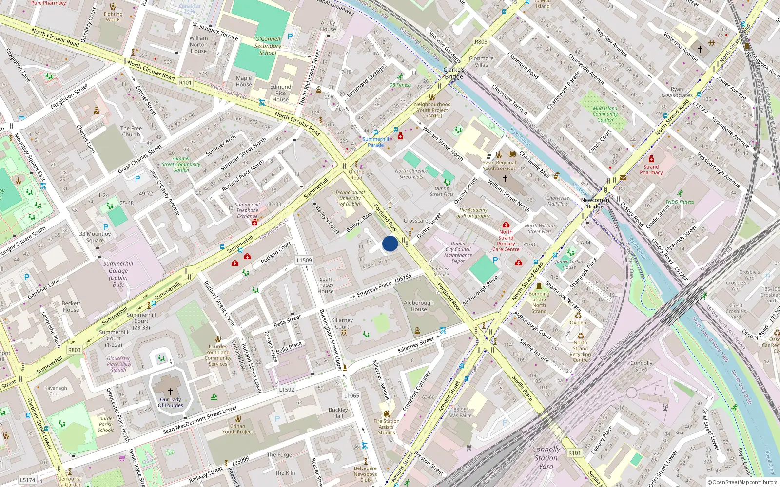 Overhead map showing the location of 1 Portland Close, Dublin 1