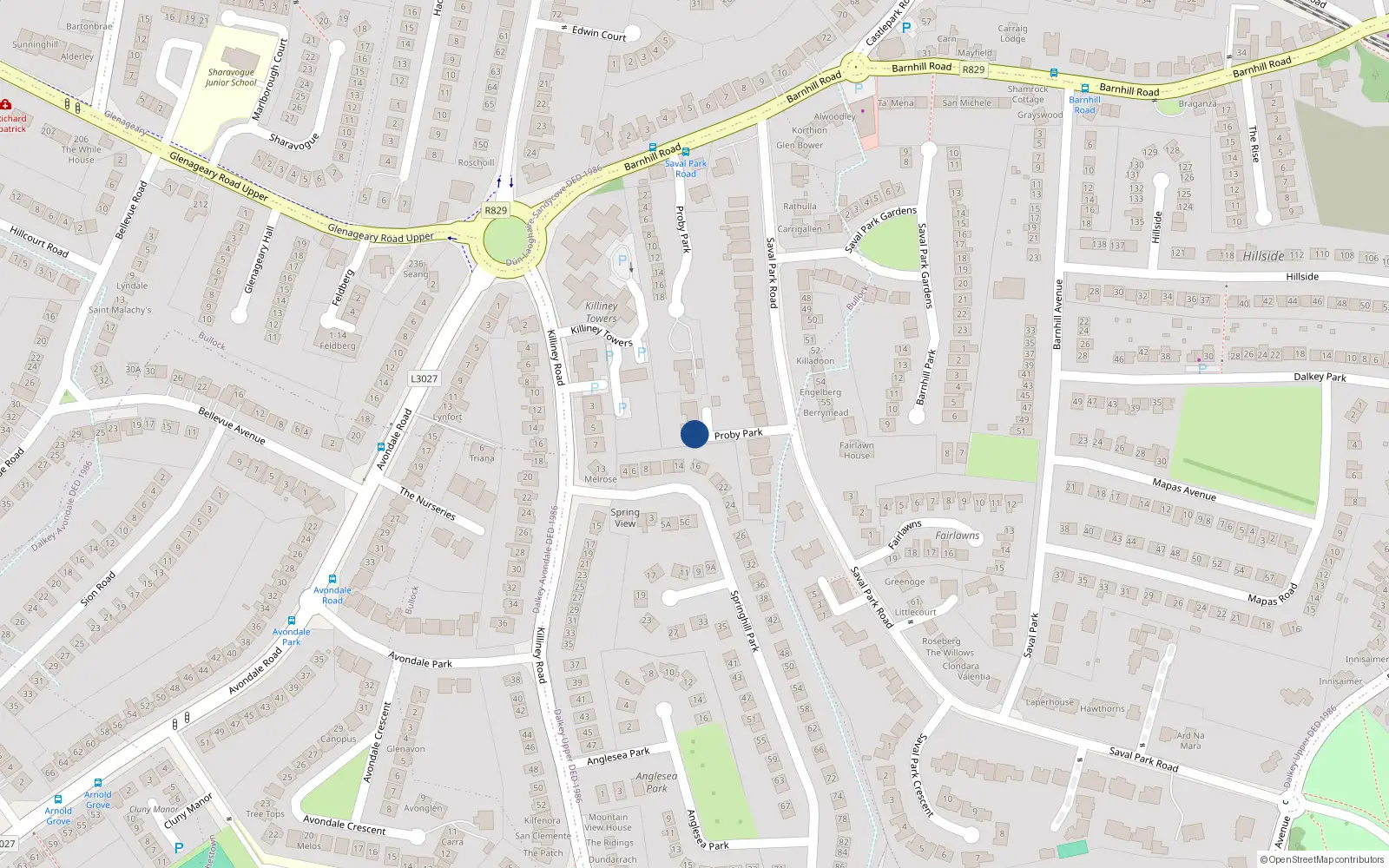 Overhead map showing the location of 1 Proby Park, Saval Park Road, Dalkey