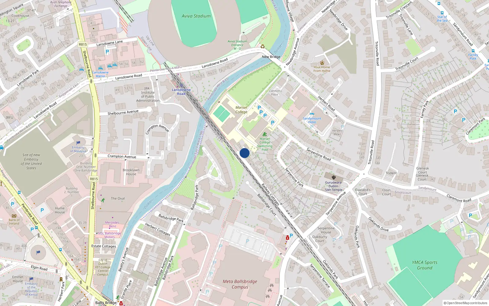Overhead map showing the location of 1 Railway Cottages, Sandymount