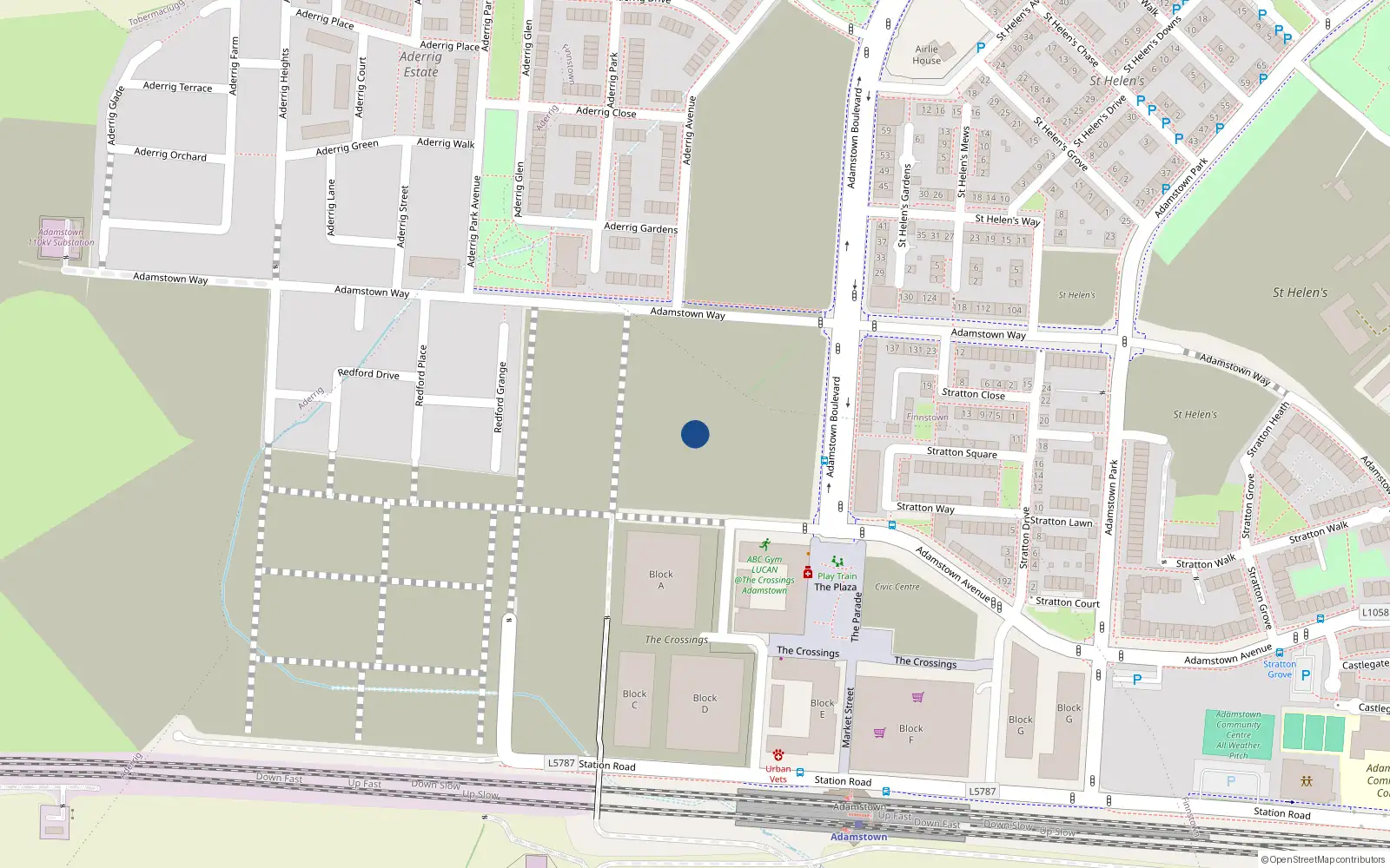 Overhead map showing the location of 1 Redford Green, Adamstown, Lucan