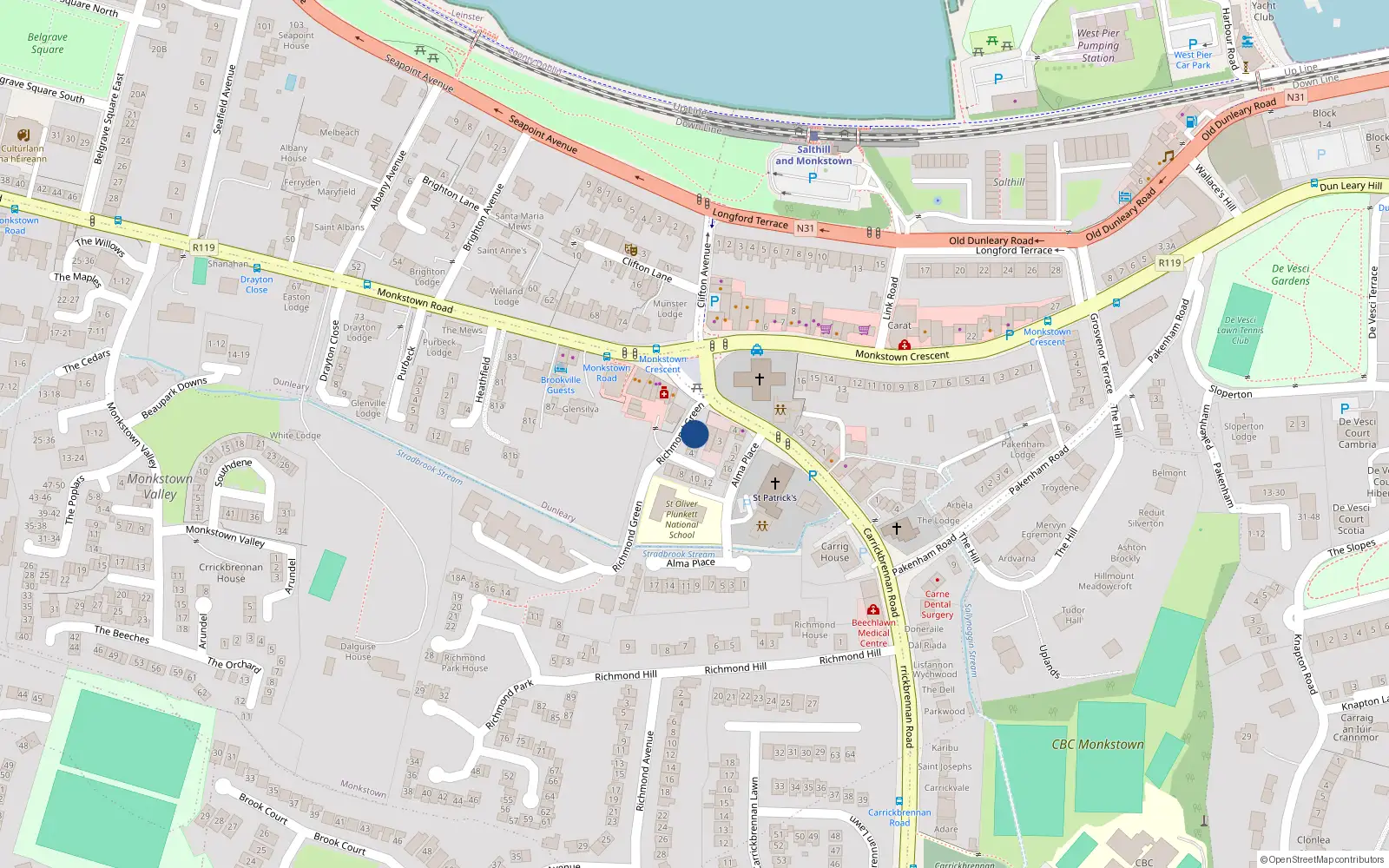 Overhead map showing the location of 1 Richmond Green, Monkstown, Dublin