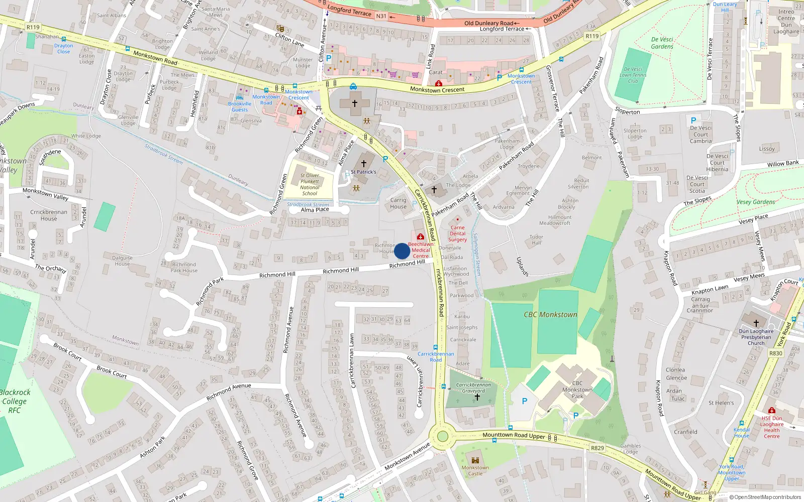 Overhead map showing the location of 1 Richmond Hill, Monkstown