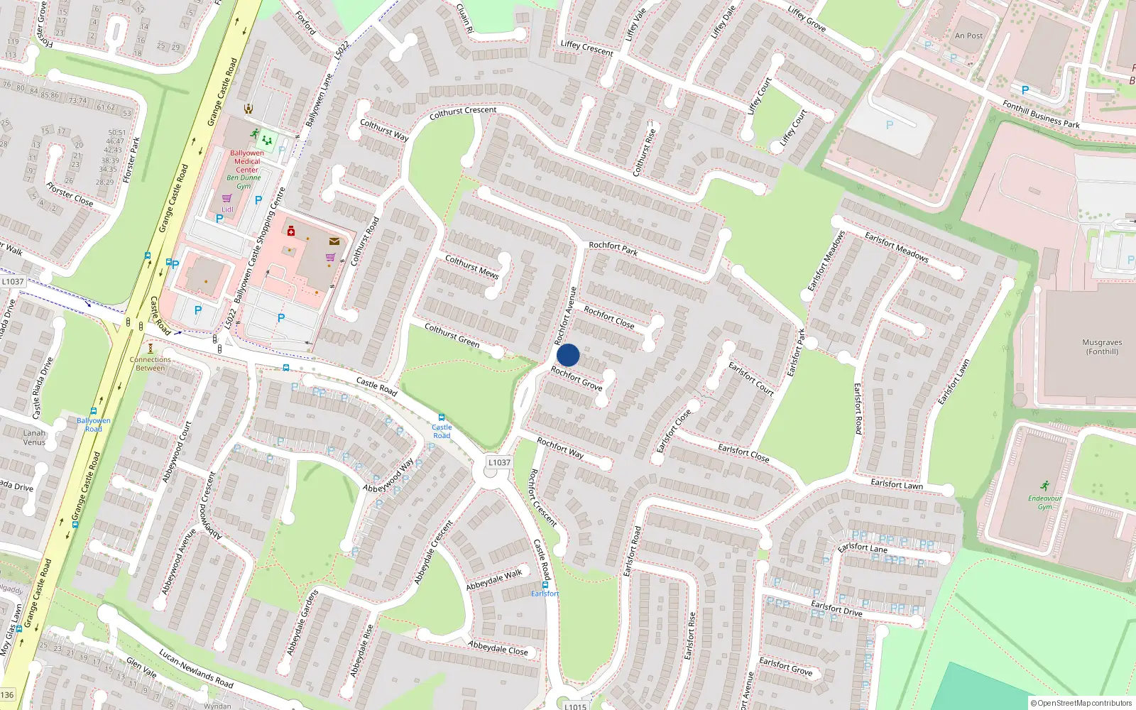 Overhead map showing the location of 1 Rochfort Grove, Lucan