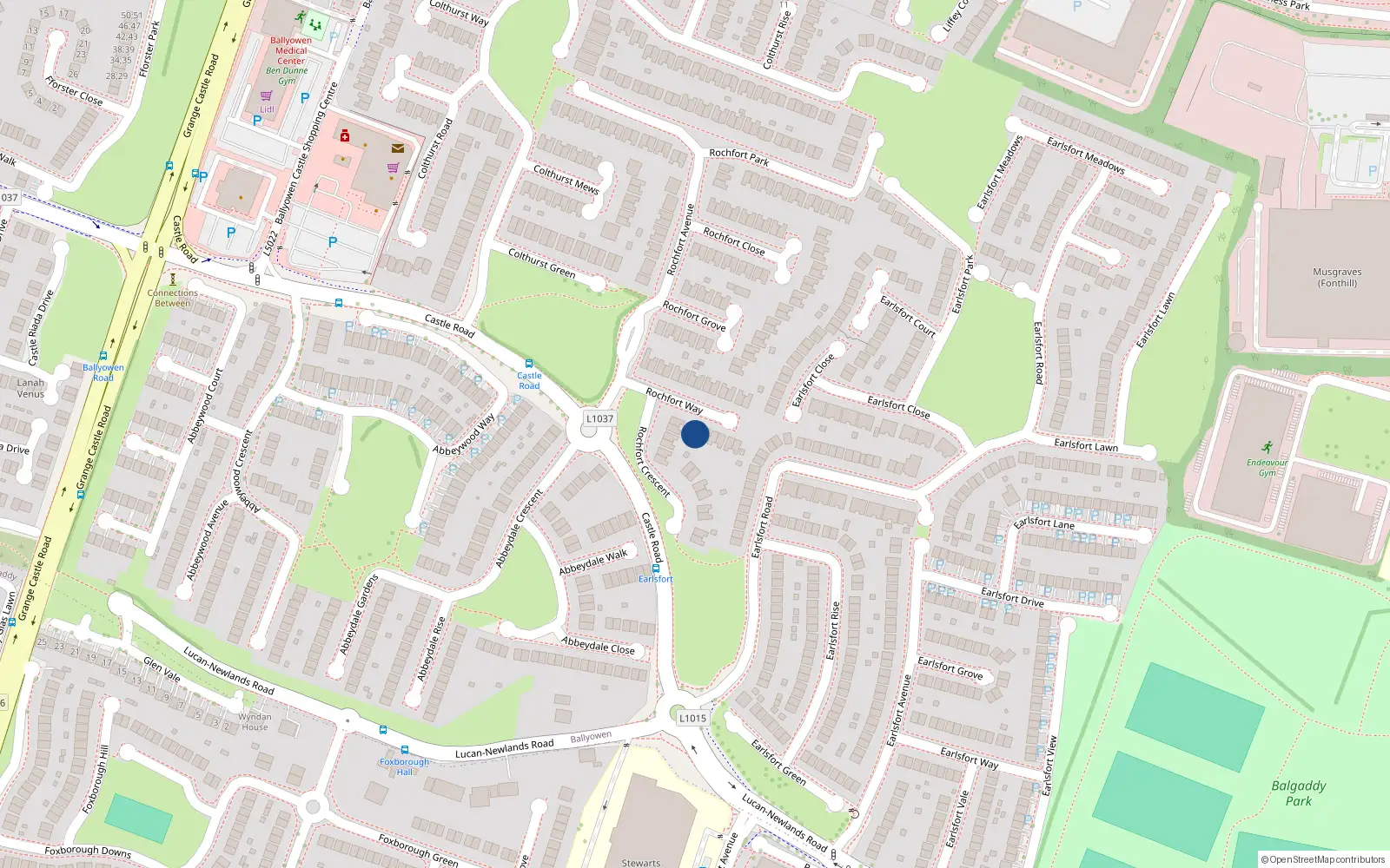 Overhead map showing the location of 1 Rochfort Way, Lucan