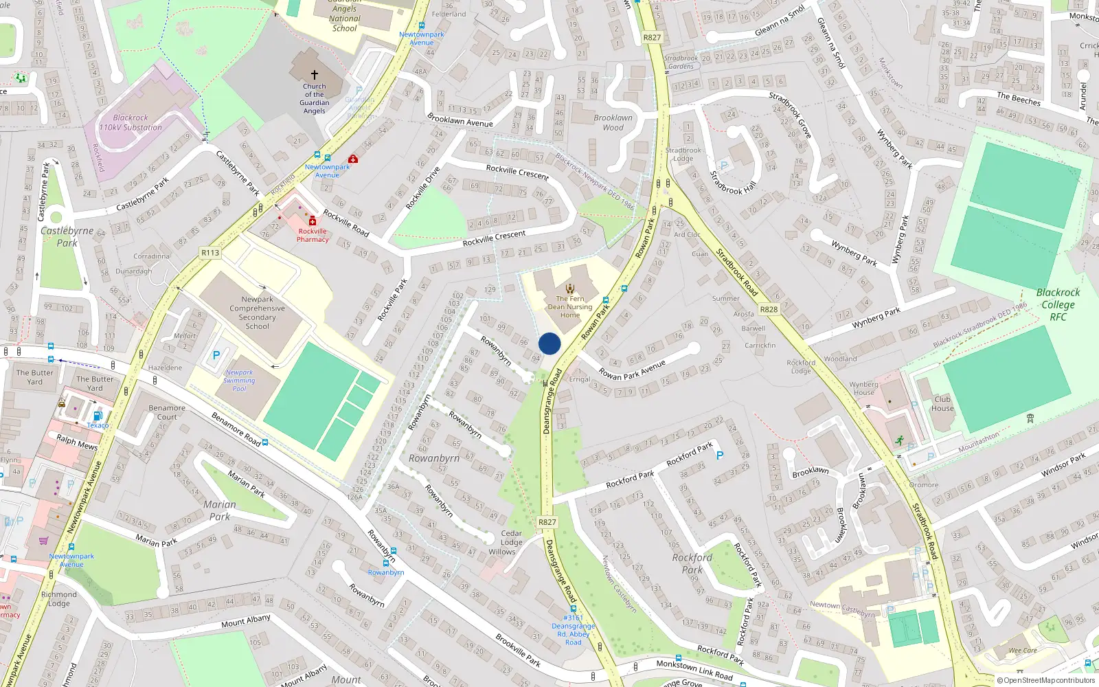 Overhead map showing the location of 1 Rockford Terrace, Deansgrange Road, Blackrock