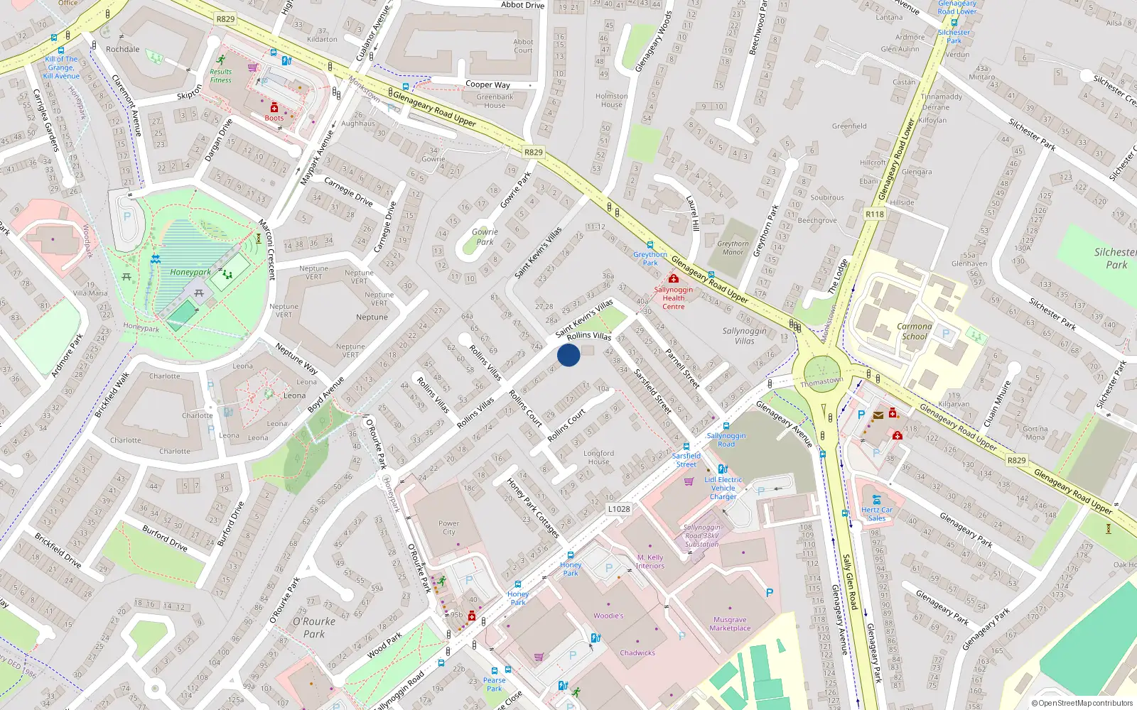 Overhead map showing the location of 1 Rollins Villas, Sallynoggin, Dublin