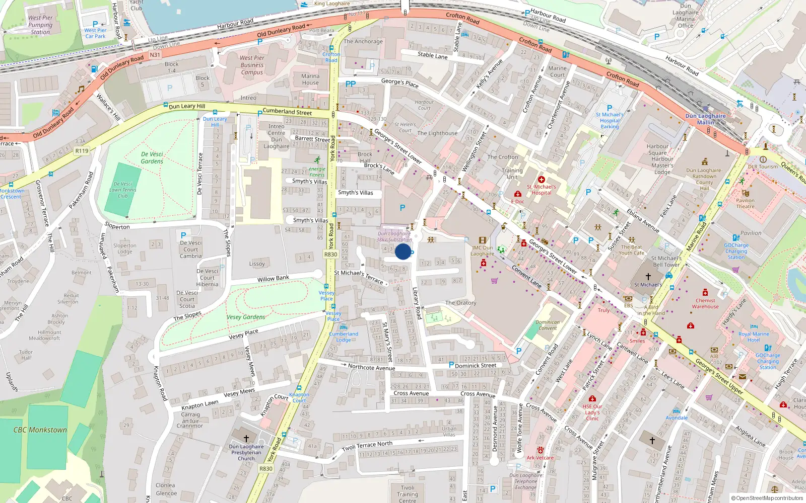 Overhead map showing the location of 1 Rosary Gardens West, Off Library Road, Dun Laoghaire
