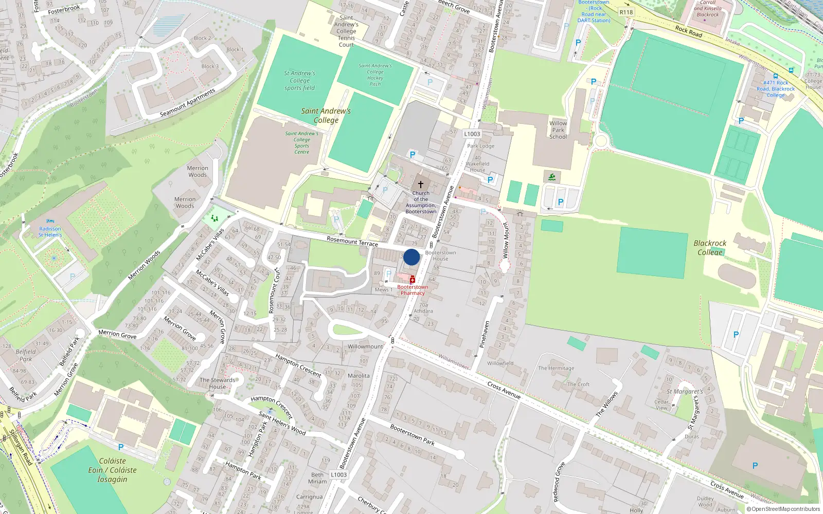 Overhead map showing the location of 1 Rosemount Terrace, Booterstown