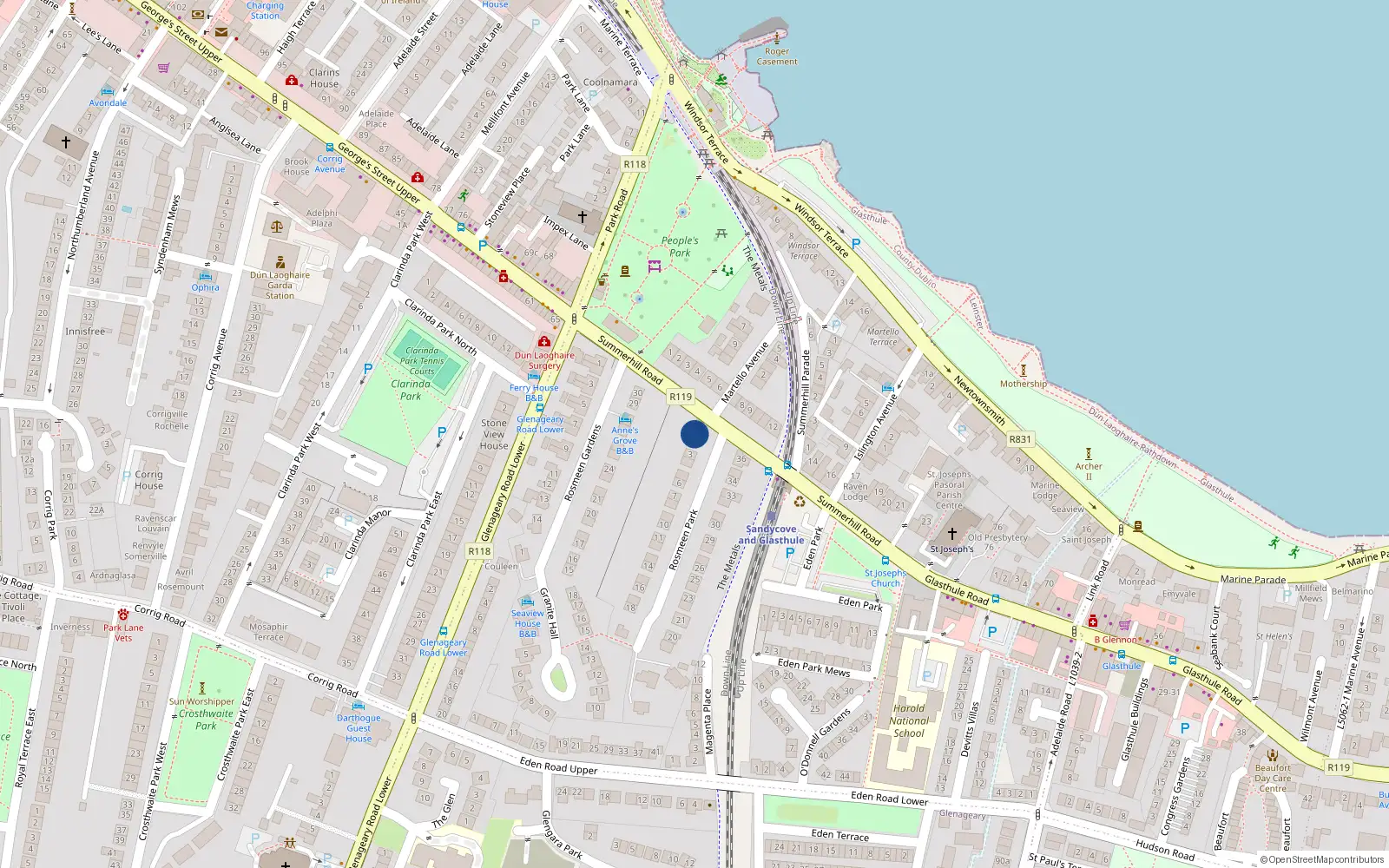 Overhead map showing the location of 1 Rosmeen Park, Dun Laoghaire, Co Dublin