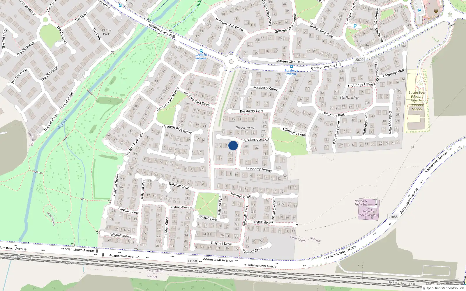 Overhead map showing the location of 1 Rossberry Place, Lucan, Dublin