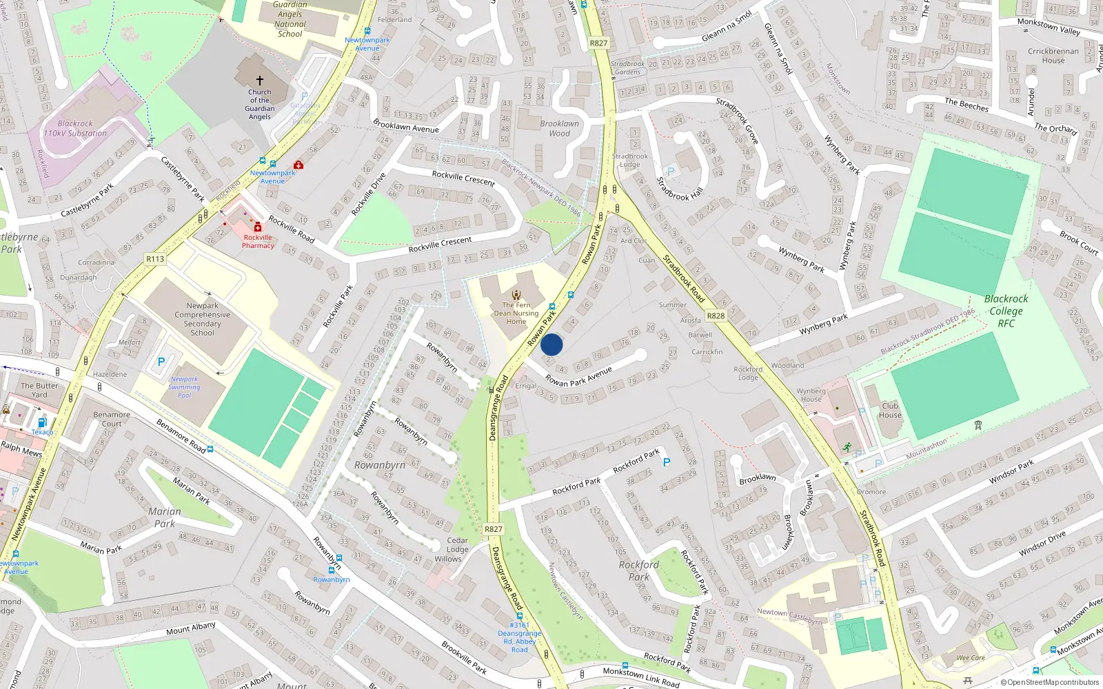 Overhead map showing the location of 1 Rowan Park, Monkstown