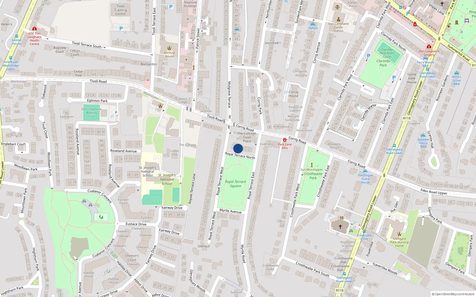 Overhead map showing the location of 1 Royal Terrace North, Dublin