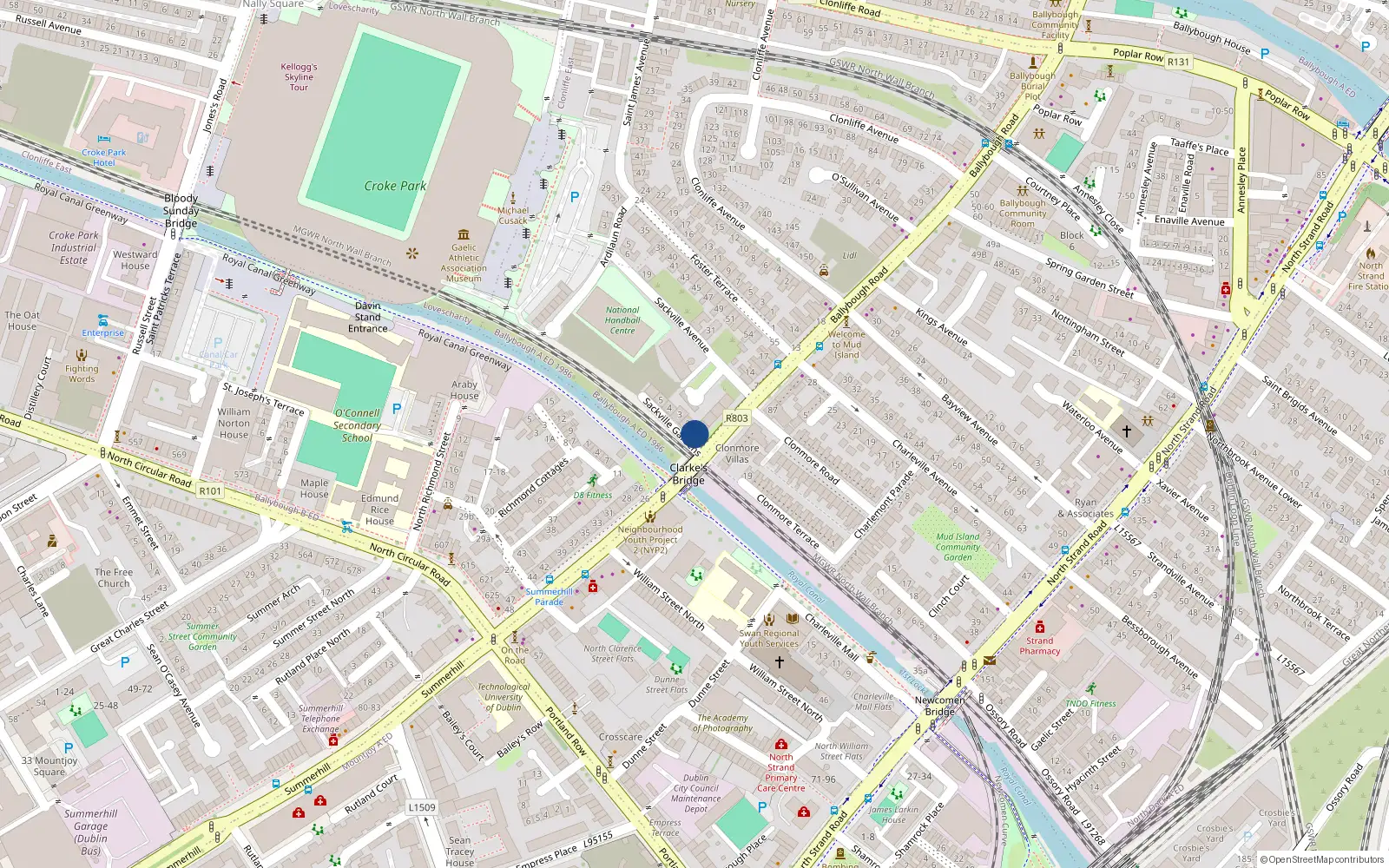 Overhead map showing the location of 1 Sackville Gardens, Ballybough