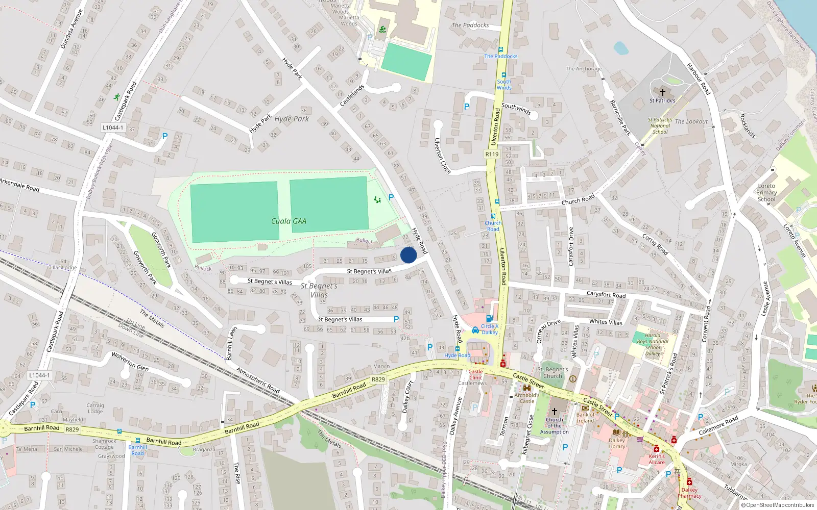 Overhead map showing the location of 1 Saint Begnet's Villas, Dalkey
