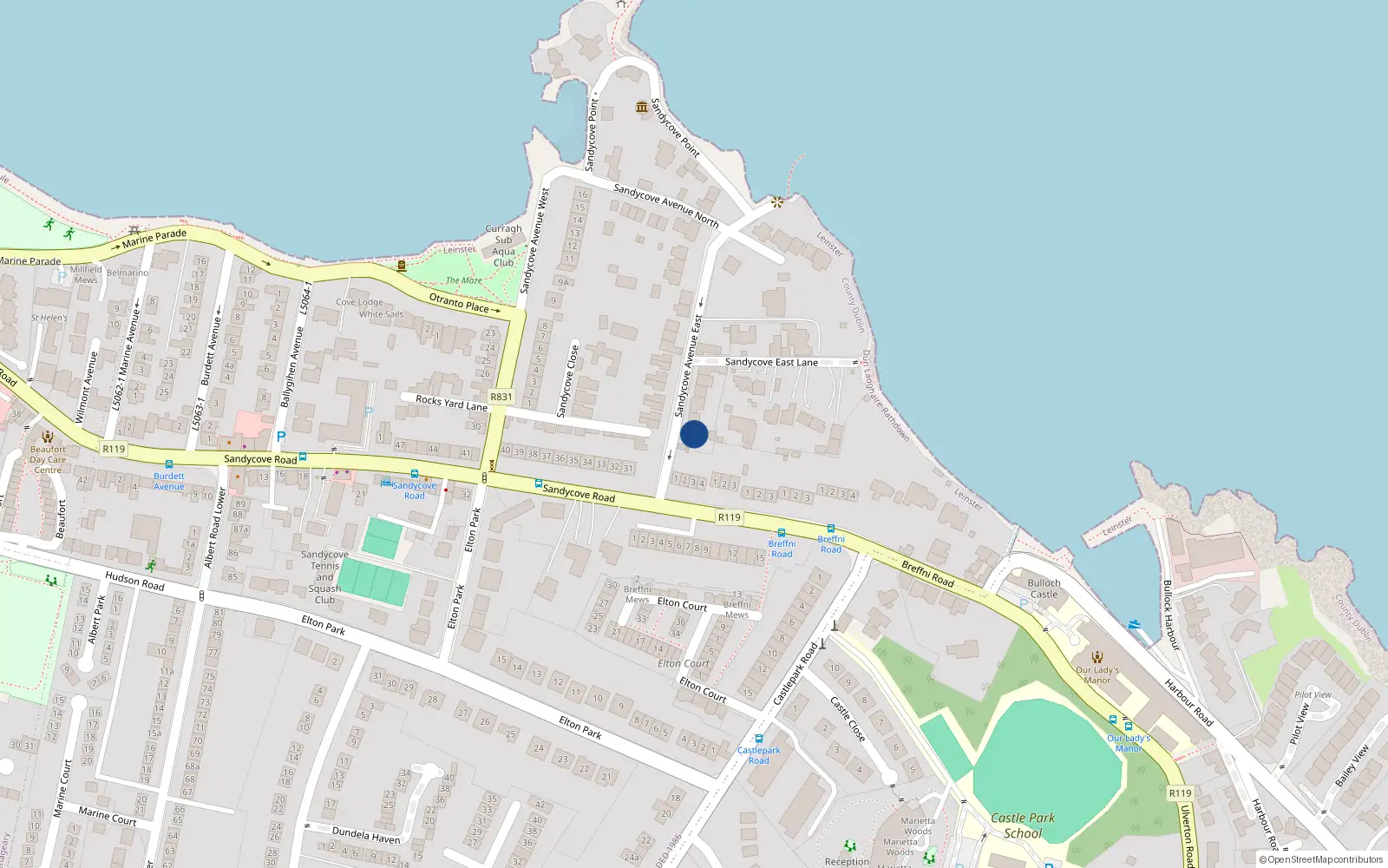 Overhead map showing the location of 1 Sandycove Avenue East, Dublin
