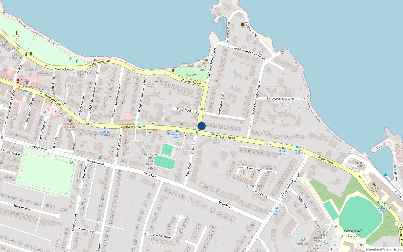 Overhead map showing the location of 1 Sandycove Avenue West, Dublin