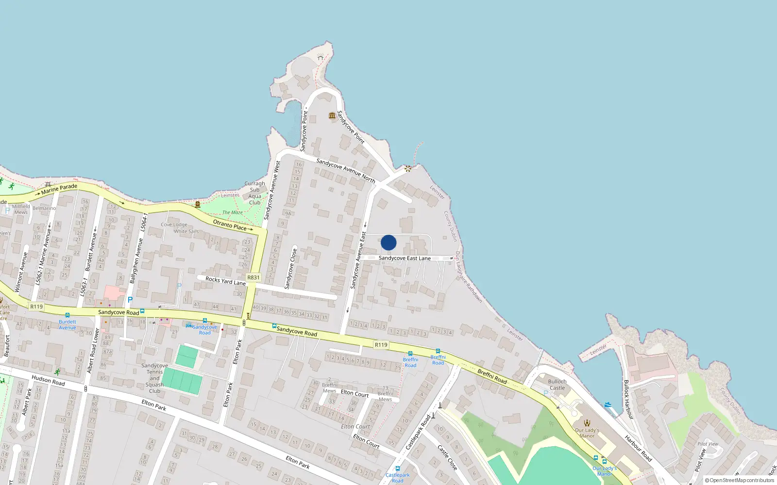 Overhead map showing the location of 1 Sandycove East Lane, Dublin