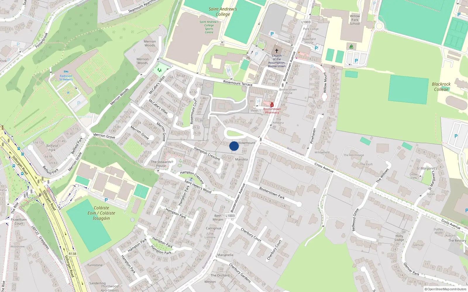 Overhead map showing the location of 1 Sans Souci Park, Booterstown