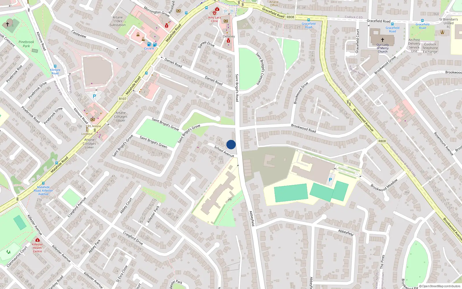 Overhead map showing the location of 1 School Avenue, Dublin 5