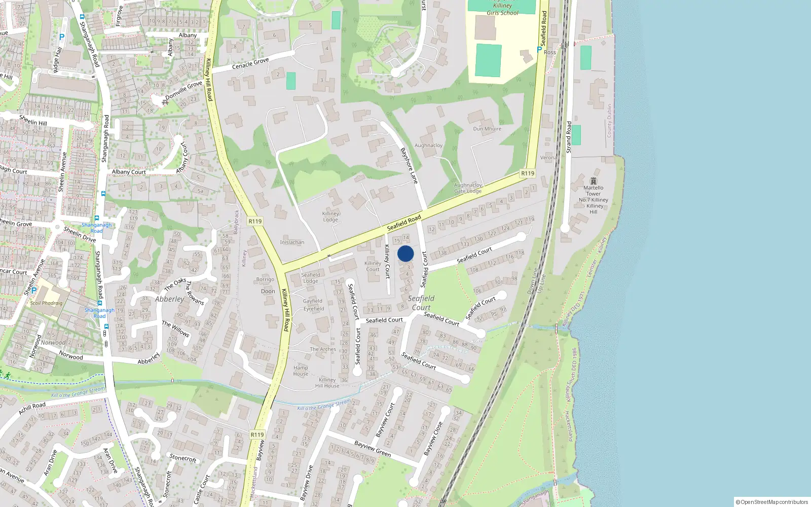 Overhead map showing the location of 1 Seafield Court, Killiney