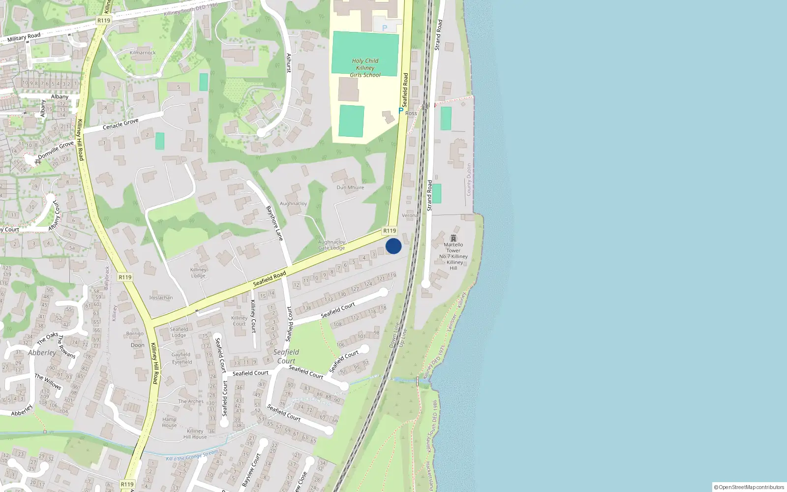 Overhead map showing the location of 1 Seafield Road, Killiney, Dublin