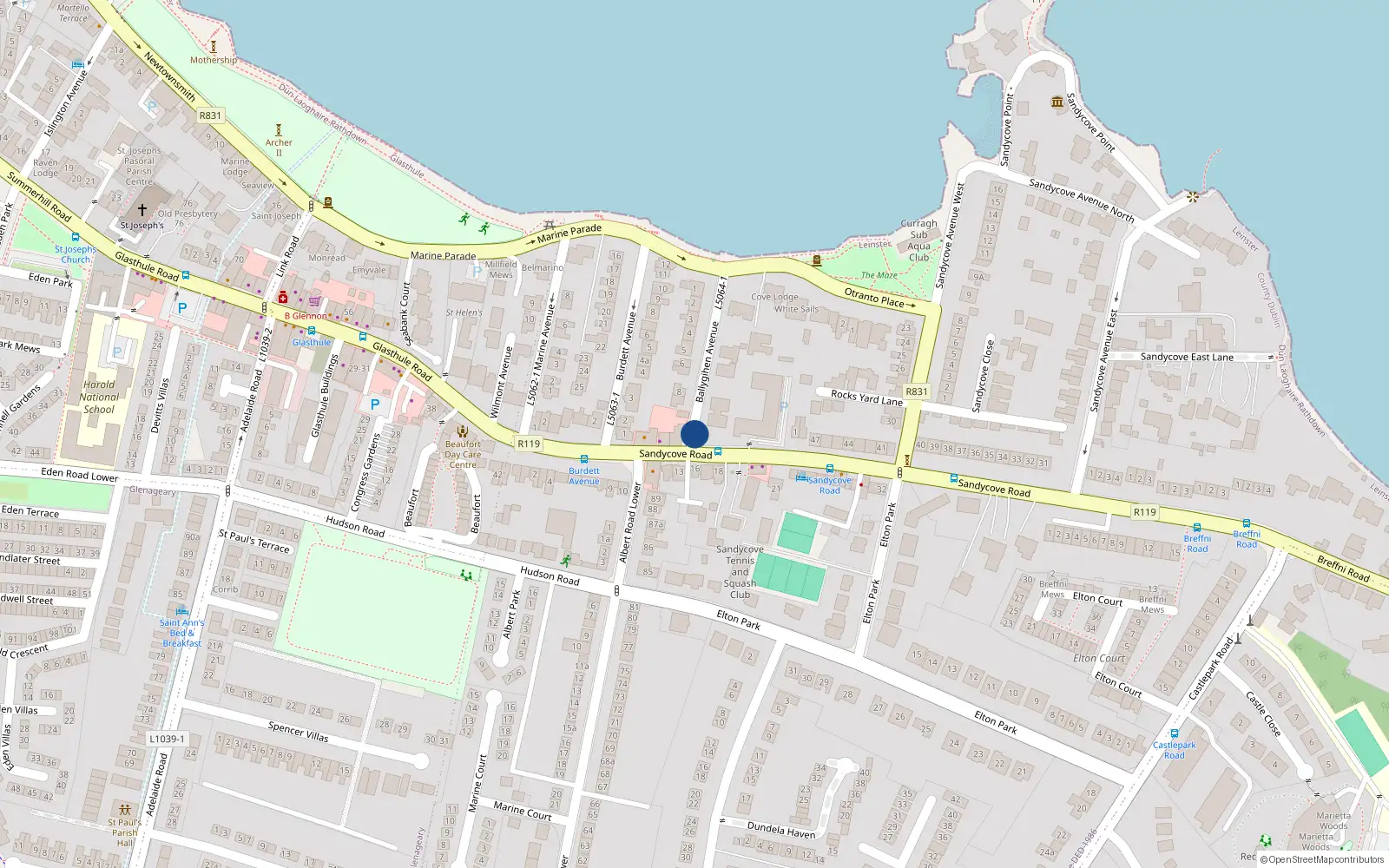 Overhead map showing the location of 1 Shannon, Ballygihen Avenue, Sandycove